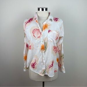 Lucky & Coco White Orange Red Seashell Beach Cotton Button Down Shirt Top